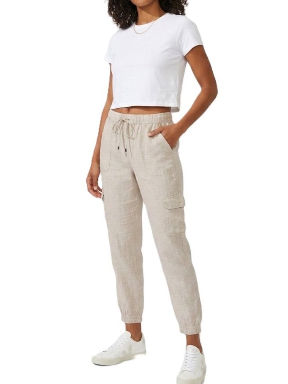 NICOLE MILLER 100% Linen Cargo Jogger Pants Medium Beige Ankle EUC
